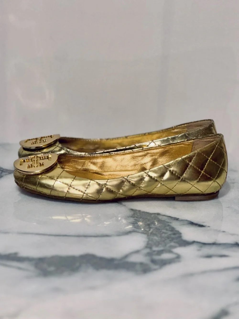 Tory Burch Quinn Metallic Gold Quilted Logo Slip-On Ballet Flats